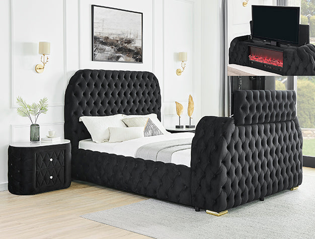 CAMA NATALIA CON CHIMENEA Y ELEVADOR DE TV Negro