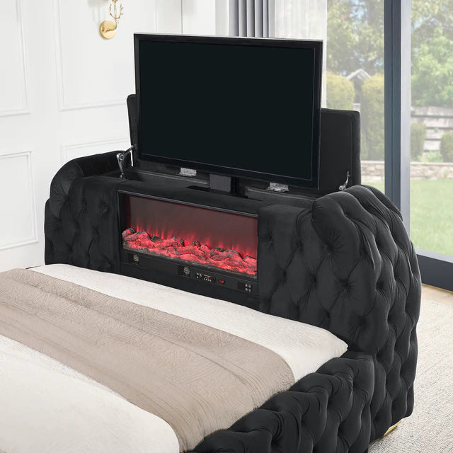 CAMA NATALIA CON CHIMENEA Y ELEVADOR DE TV Negro