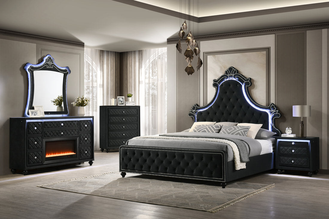 Majesty2 Black
Features:
Glass Top on Nightstand and Dresser
Fireplace Insert on Dresser (NO HEAT)
LED Lights on Headboard, Nightstand, Dresser & Mirror
Platform Bed
Nightstand with USB Charging Port