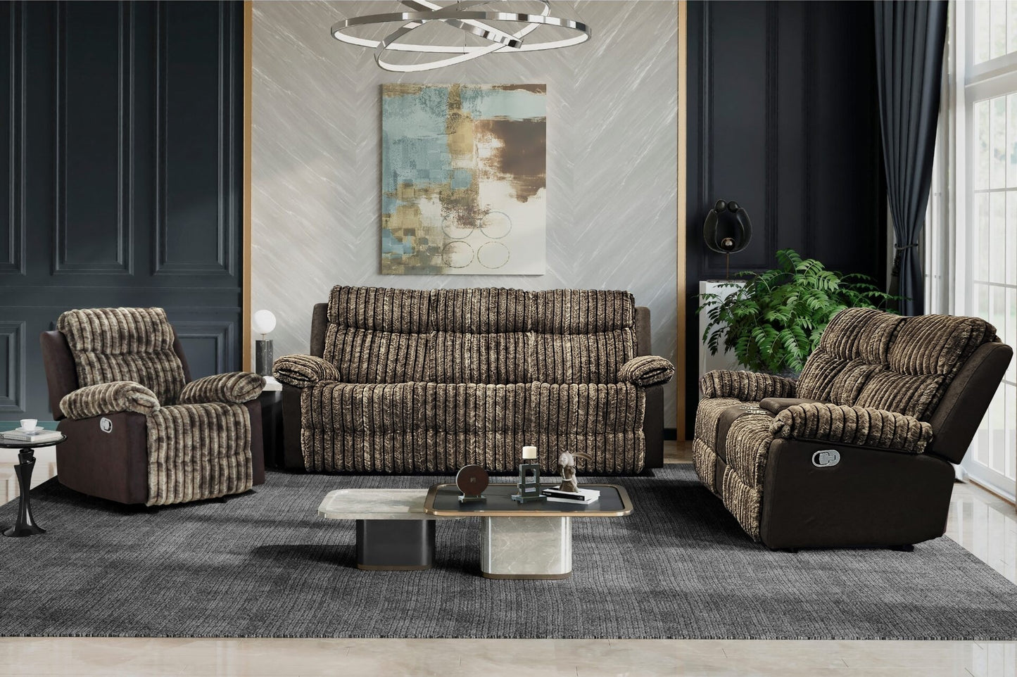 Sofá y loveseat de felpa marrón oscuro