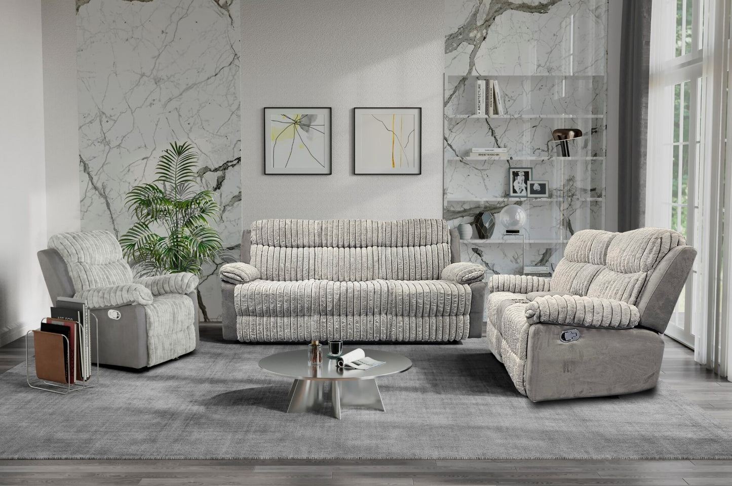 Sofá y loveseat de felpa gris