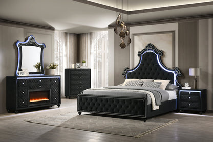 Majesty2 Black

Features:
Glass Top on Nightstand and Dresser
Fireplace Insert on Dresser (NO HEAT)
LED Lights on Headboard, Nightstand, Dresser & Mirror
Platform Bed
Nightstand with USB Charging Port