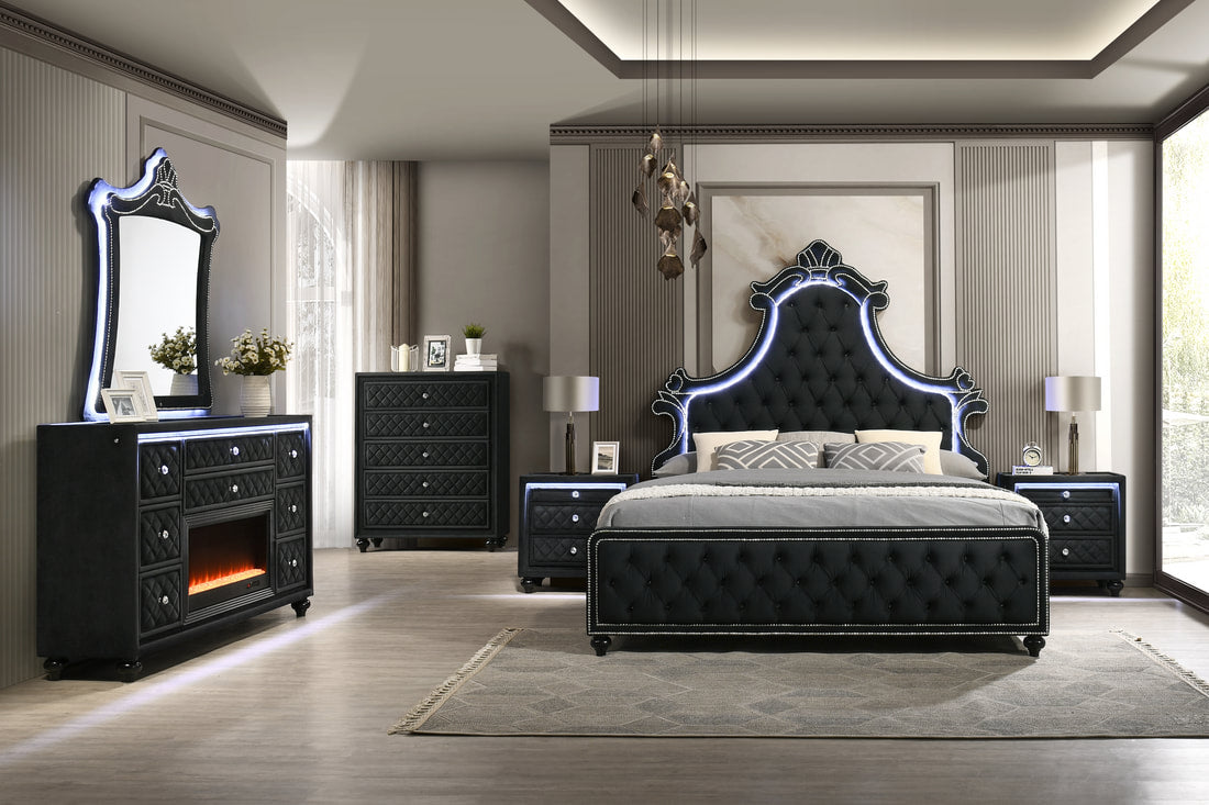 Majesty2 Black

Features:
Glass Top on Nightstand and Dresser
Fireplace Insert on Dresser (NO HEAT)
LED Lights on Headboard, Nightstand, Dresser & Mirror
Platform Bed
Nightstand with USB Charging Port