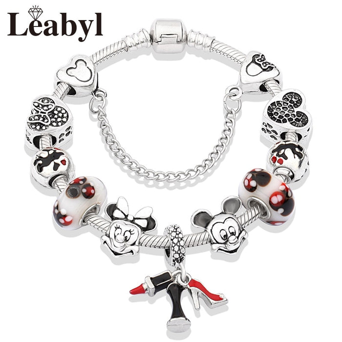 Red Crystal Mickey Minnie Pendant Bead Bracelet Set