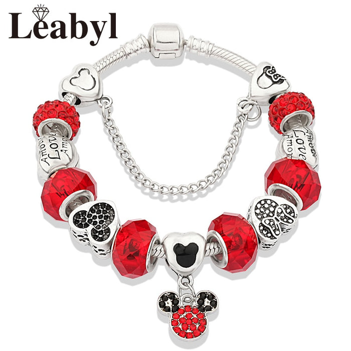 Red Crystal Mickey Minnie Pendant Bead Bracelet Set