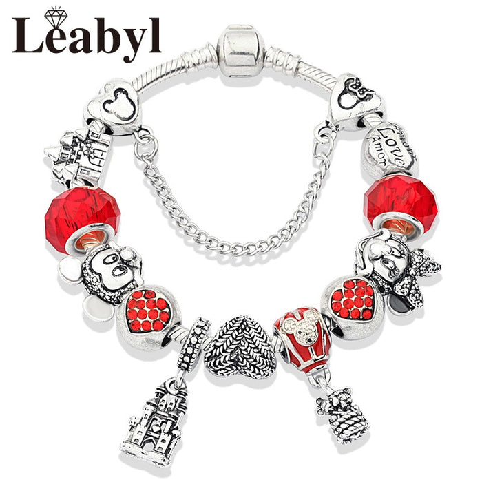 Red Crystal Mickey Minnie Pendant Bead Bracelet Set