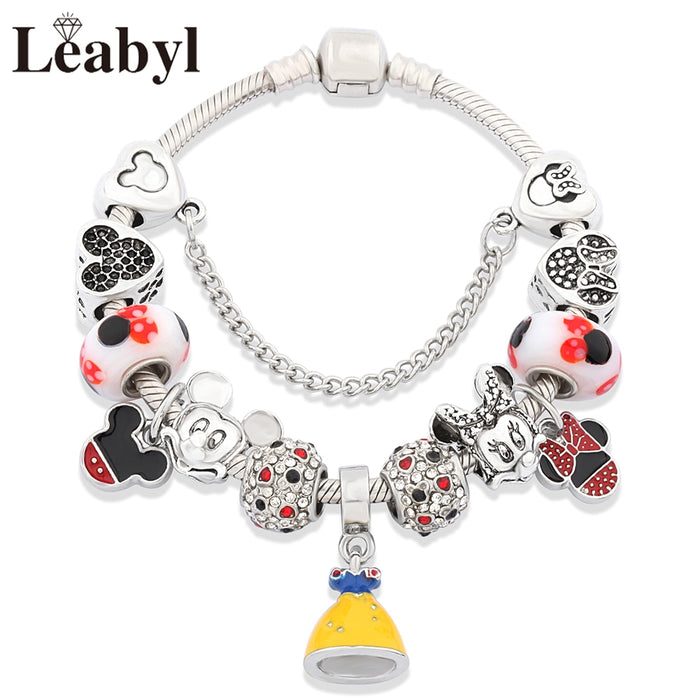 Red Crystal Mickey Minnie Pendant Bead Bracelet Set