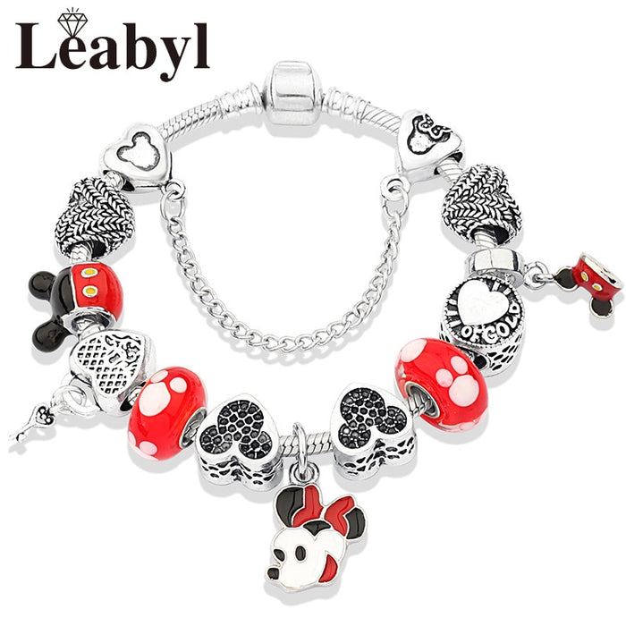 Red Crystal Mickey Minnie Pendant Bead Bracelet Set