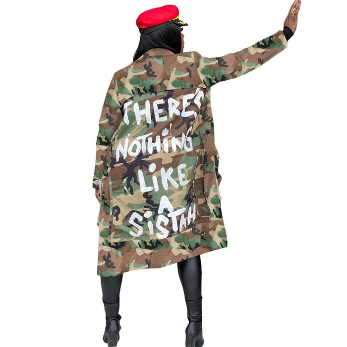 Camouflage Trench Jacket Women Plus Size Clothing - Letter Print Coat Streetwear Long Style Crop Top