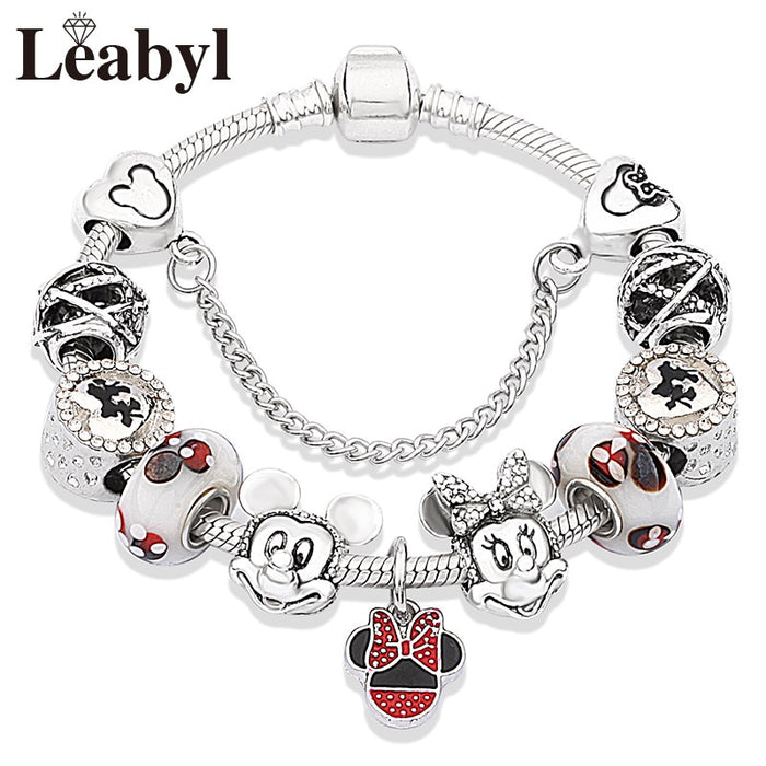 Red Crystal Mickey Minnie Pendant Bead Bracelet Set