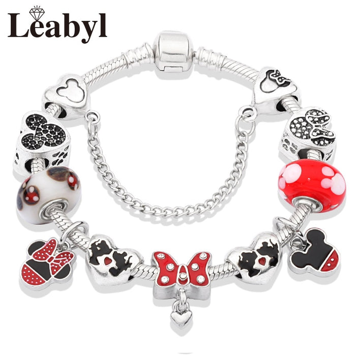 Red Crystal Mickey Minnie Pendant Bead Bracelet Set