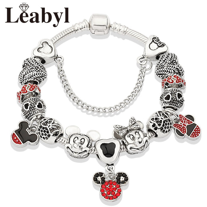 Red Crystal Mickey Minnie Pendant Bead Bracelet Set