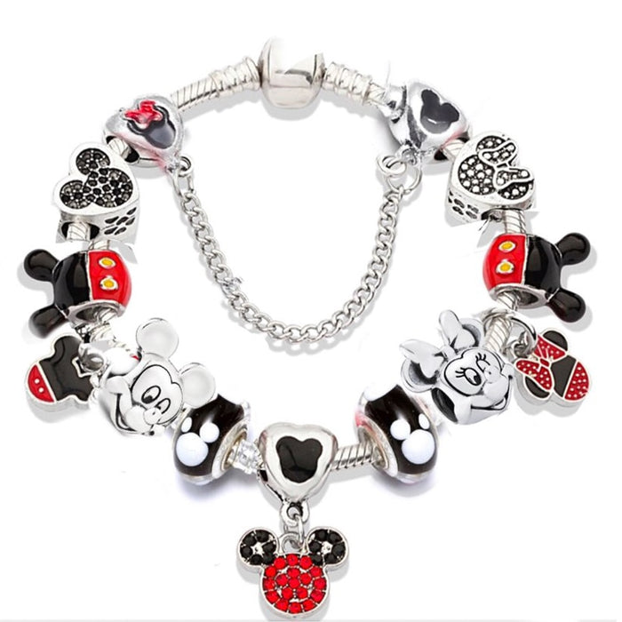 Red Crystal Mickey Minnie Pendant Bead Bracelet Set