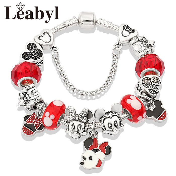 Red Crystal Mickey Minnie Pendant Bead Bracelet Set