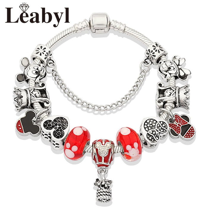 Red Crystal Mickey Minnie Pendant Bead Bracelet Set