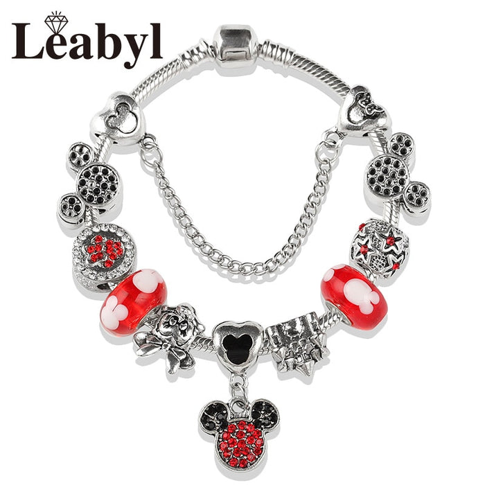 Red Crystal Mickey Minnie Pendant Bead Bracelet Set