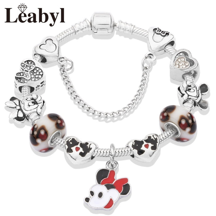 Red Crystal Mickey Minnie Pendant Bead Bracelet Set