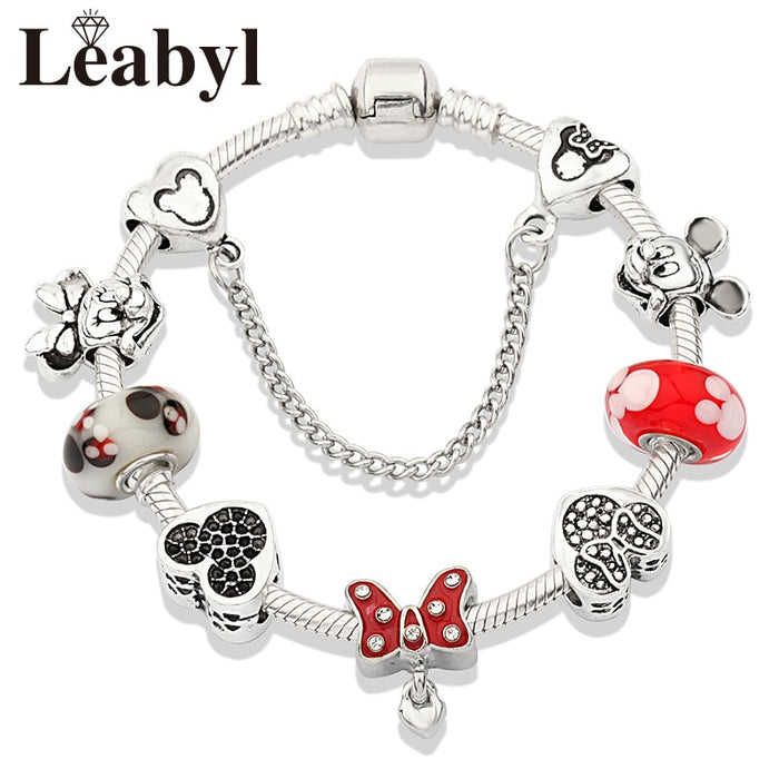 Red Crystal Mickey Minnie Pendant Bead Bracelet Set