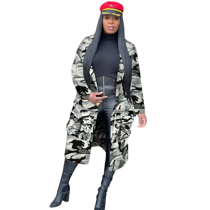 Camouflage Trench Jacket Women Plus Size Clothing - Letter Print Coat Streetwear Long Style Crop Top