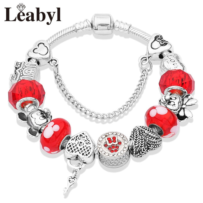 Red Crystal Mickey Minnie Pendant Bead Bracelet Set