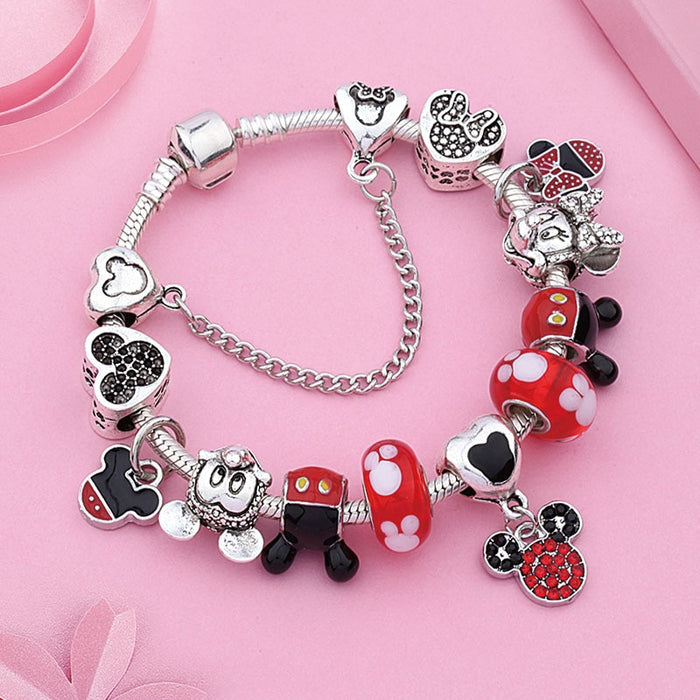 Red Crystal Mickey Minnie Pendant Bead Bracelet Set