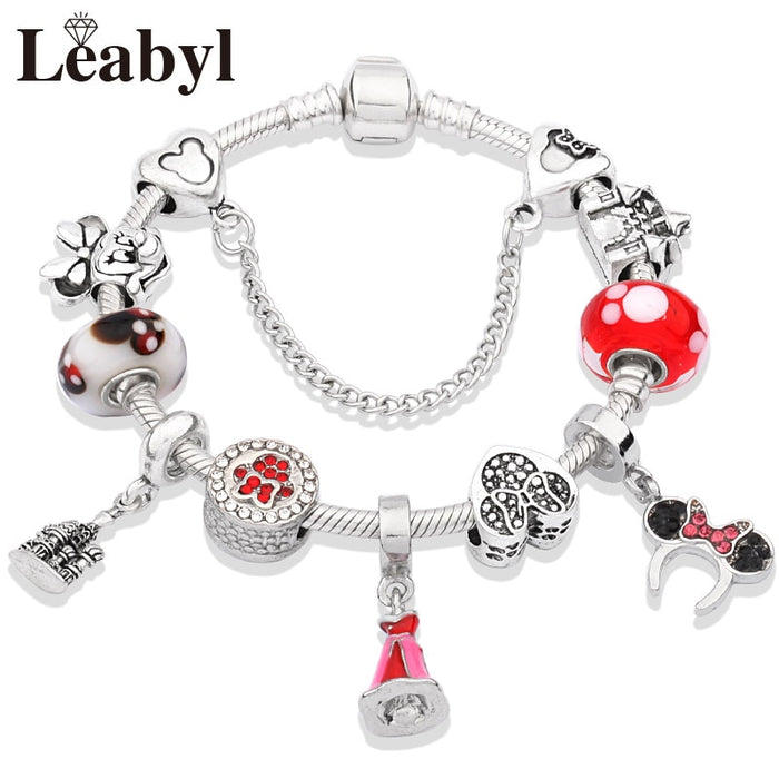 Red Crystal Mickey Minnie Pendant Bead Bracelet Set