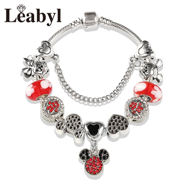 Red Crystal Mickey Minnie Pendant Bead Bracelet Set