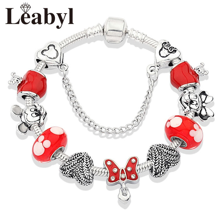 Red Crystal Mickey Minnie Pendant Bead Bracelet Set