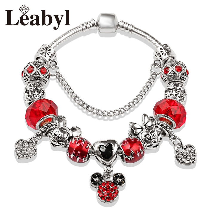 Red Crystal Mickey Minnie Pendant Bead Bracelet Set