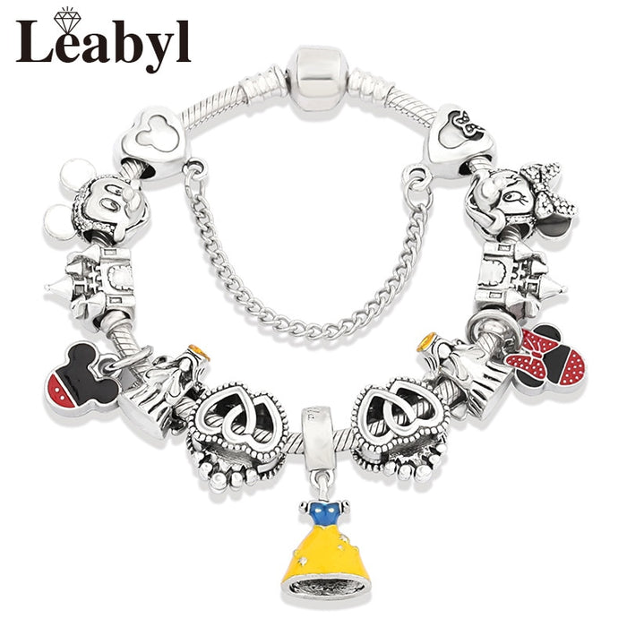 Red Crystal Mickey Minnie Pendant Bead Bracelet Set