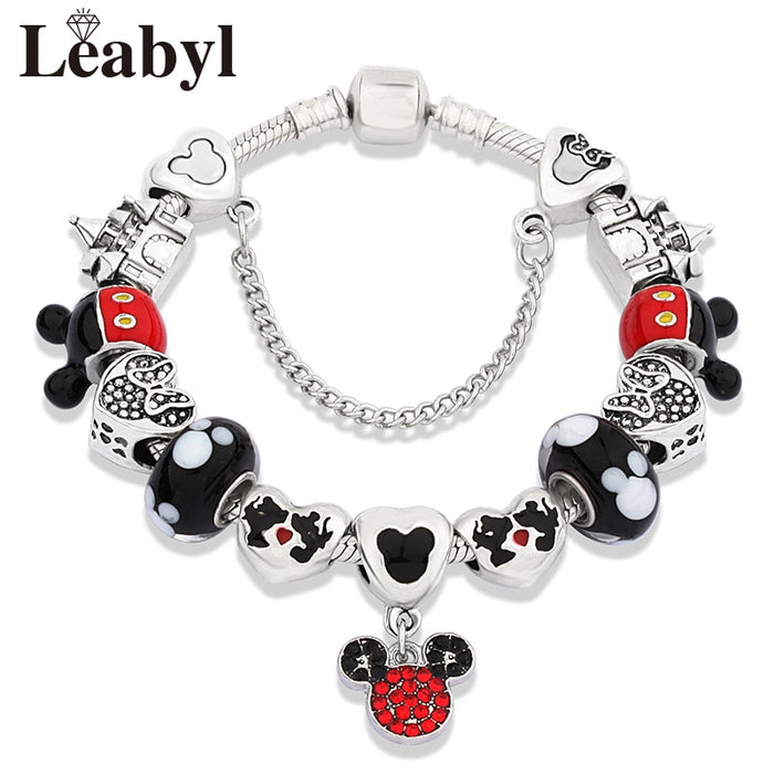 Red Crystal Mickey Minnie Pendant Bead Bracelet Set