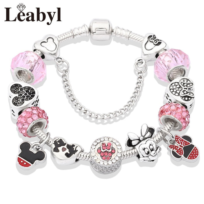 Red Crystal Mickey Minnie Pendant Bead Bracelet Set