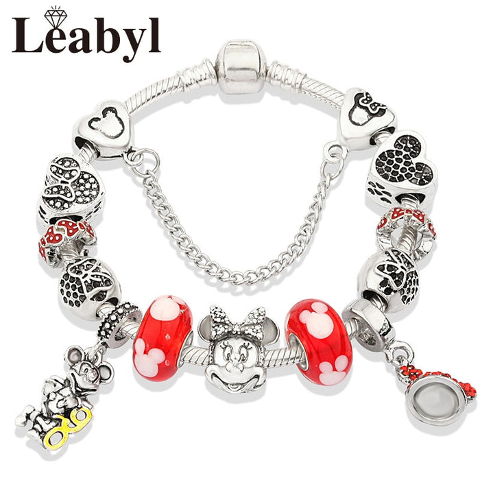 Red Crystal Mickey Minnie Pendant Bead Bracelet Set