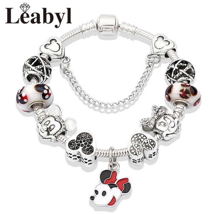 Red Crystal Mickey Minnie Pendant Bead Bracelet Set