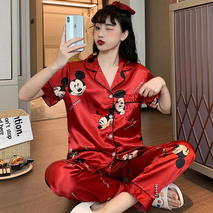 Disney Mickey Pajamas Set - Silky Women 2 Piece Sleepwear