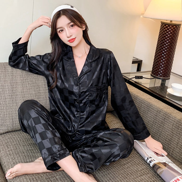 Women's Silk Pajamas - Spring Thin Long Sleeve Pants Two Piece Cardigan Lapel Loose Loungewear